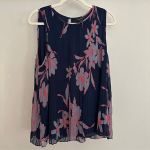 Halogen Pleated Floral Navy Sleeveless Top Flowy - 1X